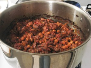 Dutch oven with lamb and garbanzos