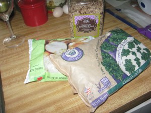 frozen onions, kale
