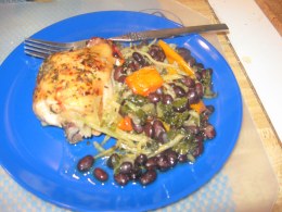 roasted chicken thigh, greens, black beans