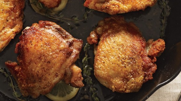 brown crispy skin on chicken thighs
